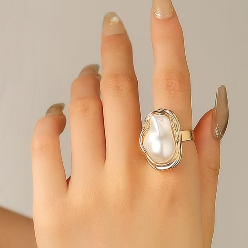 Wholesale Baroque Inlaid Colorful Shaped Pearl Ring Retro Irregular Alloy Rings